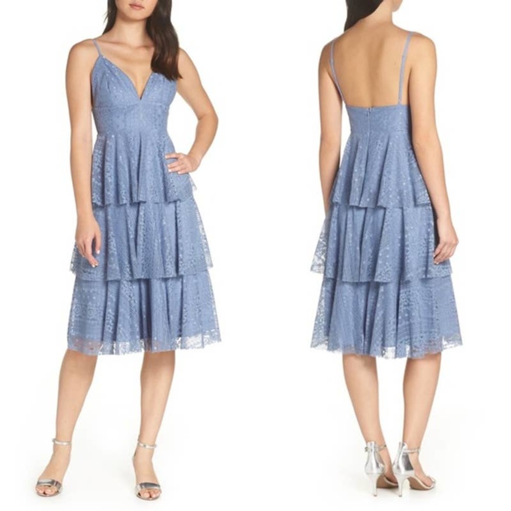 Lulu's Periwinkle Lace Tiered Midi Dress